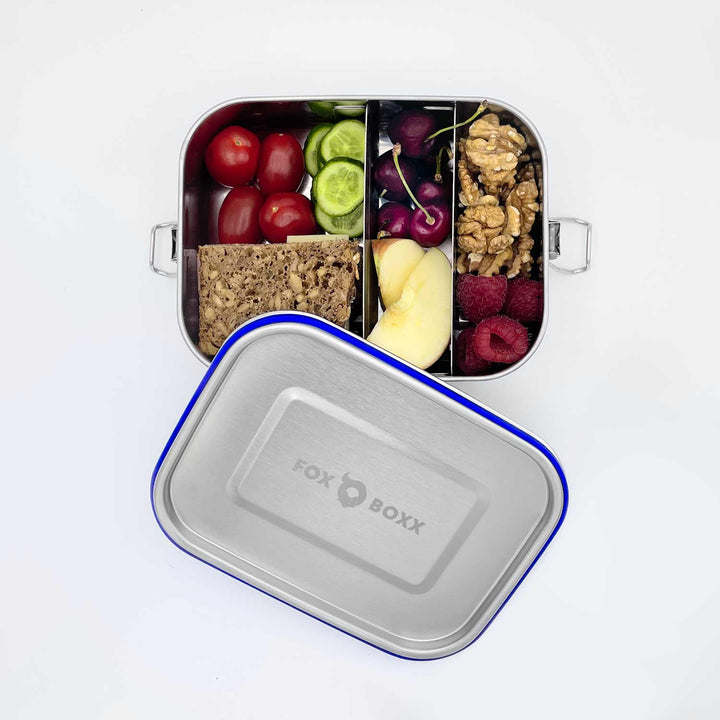 FOXBOXX Edelstahl Lunchbox MINI 800ml gefüllt mit Brot und Obst auslaufsicher