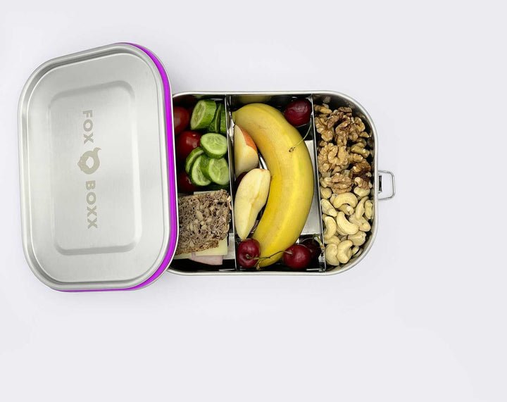 FOXBOXX Edelstahl Lunchbox XL 1400ml gefüllt mit Brot und Obst Erwachsene