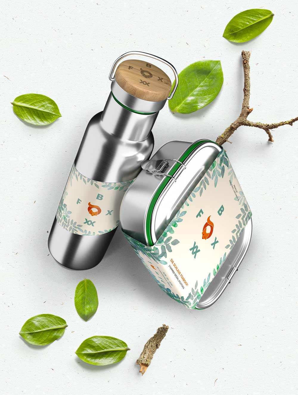 FOXBOXX Edelstahl Brotdose MINI & Thermosflasche 0,5l Schulpack