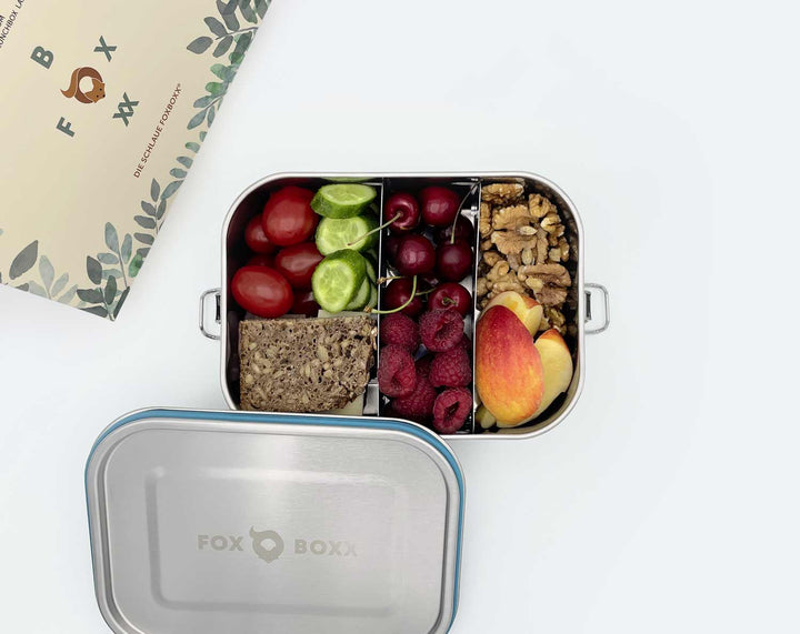 FOXBOXX Lunchbox Edelstahl Kinder Large 1200ml gefüllt mit Brot und Obst