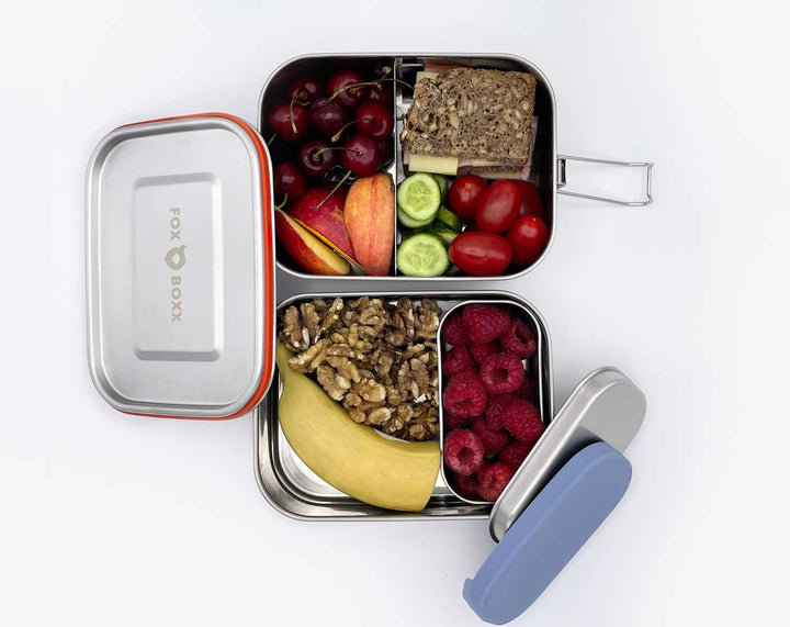 FOXBOXX Metall Bento Box MULTI gefüllt mit Brot und Obst