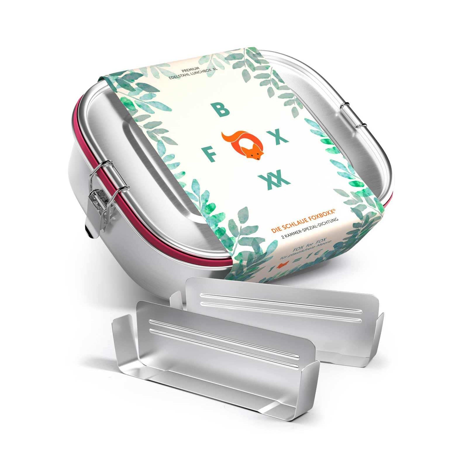FOXBOXX - 4 x Clips , 2 x Dichtung  /  XL 1400ml - FOXBOXX.eu - weihnachten - geschenk - kinder - Brotdose Edelstahl - dicht - trenner - auslaufsicher - edelstahl brotdose  - lunchbox edelstahl - brotdose edelstahl kinder - brotzeitdose edelstahl