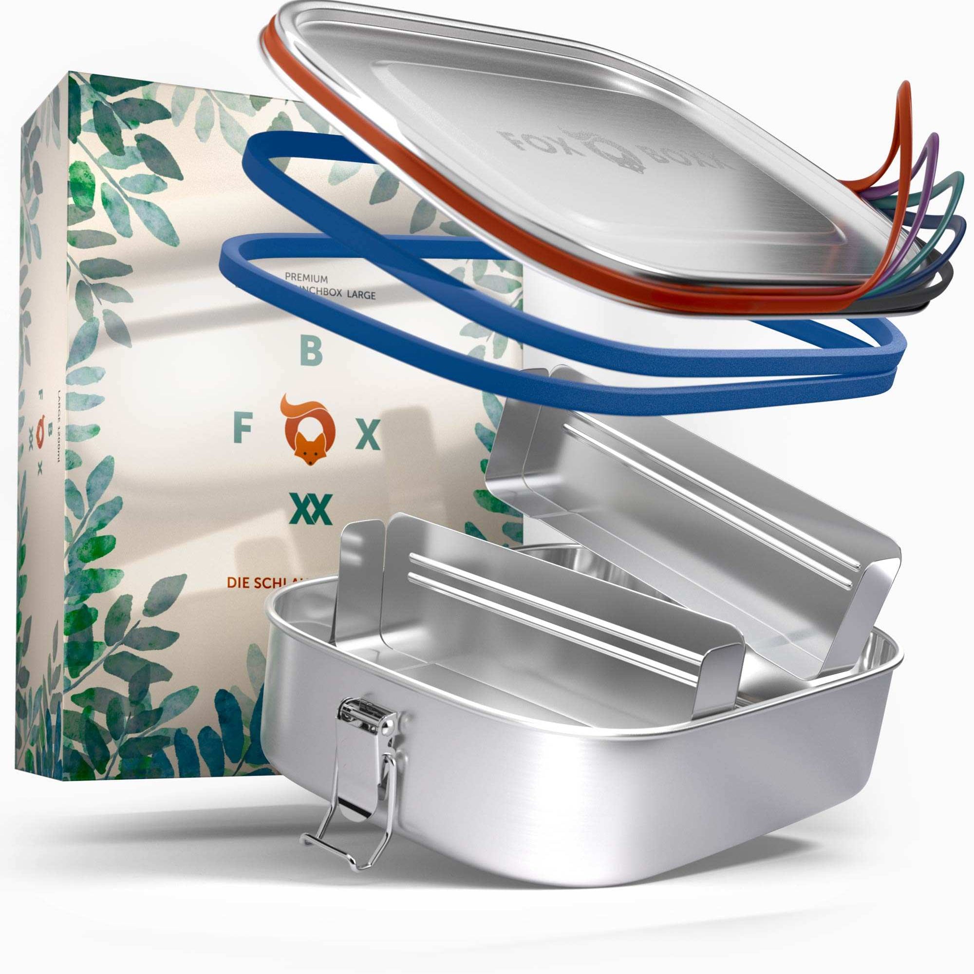 FOXBOXX Large 1200ml - ÖKO Edelstahl Lunchbox - FOXBOXX.eu - weihnachten - geschenk - kinder - Brotdose Edelstahl - dicht - trenner - auslaufsicher - edelstahl brotdose  - lunchbox edelstahl - brotdose edelstahl kinder - brotzeitdose edelstahl