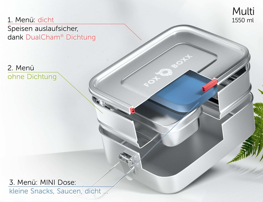 FOXBOXX MULTI 1550ml - ÖKO Doppel Lunchbox NEU! - FOXBOXX.eu - weihnachten - geschenk - kinder - Brotdose Edelstahl - dicht - trenner - auslaufsicher - edelstahl brotdose  - lunchbox edelstahl - brotdose edelstahl kinder - brotzeitdose edelstahl