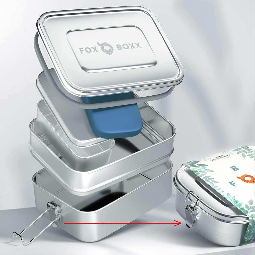 FOXBOXX - Umbauset MULTI -> MINI - 4 x Clips , 2 x Dichtung  /  MULTI 1550ml - FOXBOXX.eu - weihnachten - geschenk - kinder - Brotdose Edelstahl - dicht - trenner - auslaufsicher - edelstahl brotdose  - lunchbox edelstahl - brotdose edelstahl kinder - brotzeitdose edelstahl