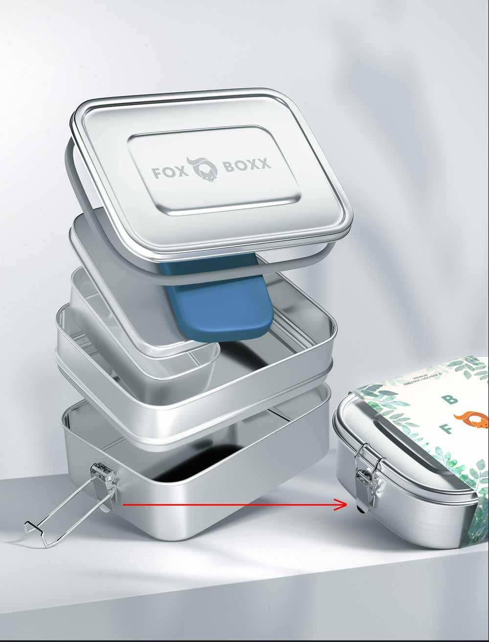FOXBOXX - Umbauset MULTI -> MINI - 4 x Clips , 2 x Dichtung  /  MULTI 1550ml - FOXBOXX.eu - weihnachten - geschenk - kinder - Brotdose Edelstahl - dicht - trenner - auslaufsicher - edelstahl brotdose  - lunchbox edelstahl - brotdose edelstahl kinder - brotzeitdose edelstahl
