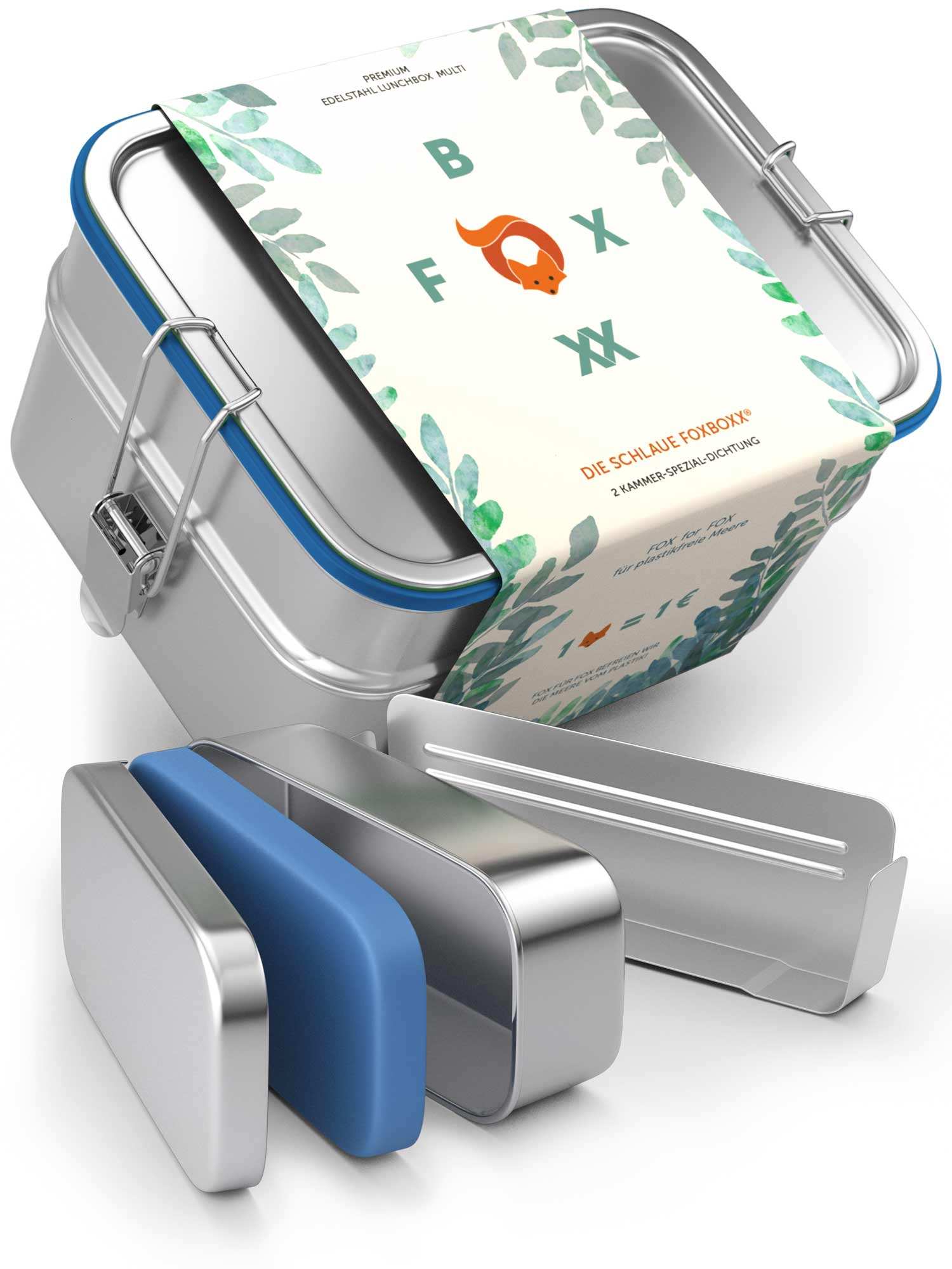 FOXBOXX - Umbauset MULTI -> MINI - 4 x Clips , 2 x Dichtung  /  MULTI 1550ml - FOXBOXX.eu - weihnachten - geschenk - kinder - Brotdose Edelstahl - dicht - trenner - auslaufsicher - edelstahl brotdose  - lunchbox edelstahl - brotdose edelstahl kinder - brotzeitdose edelstahl